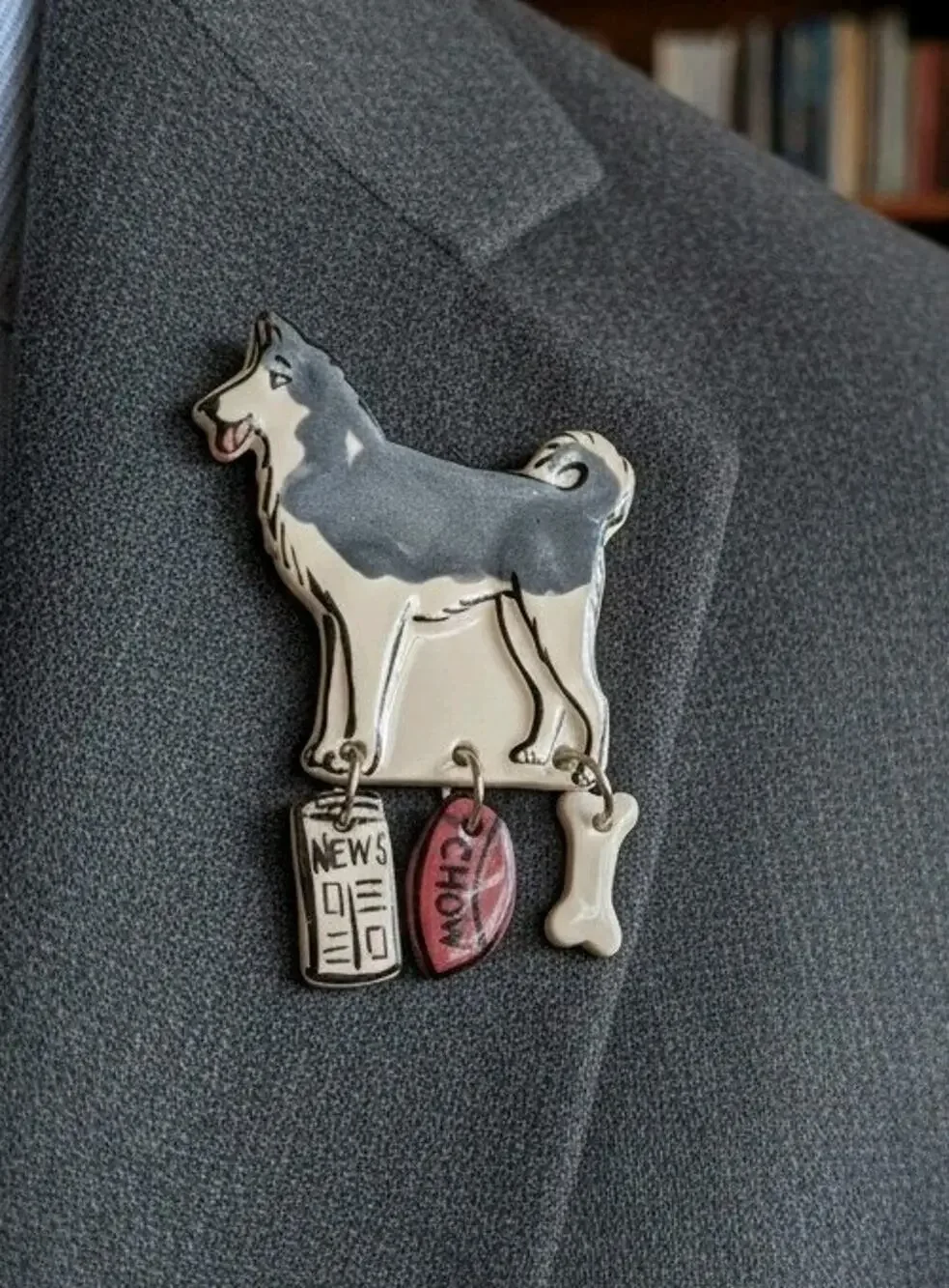 Vintage Signed Carolyn Edlund Ceramic Husky Dog Brooch with Dangles
